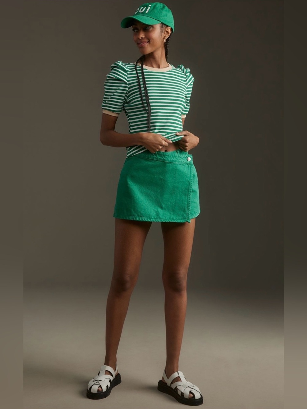 Anthropologie Maeve Puff Sleeve Striped Ribbed Top Green XXS